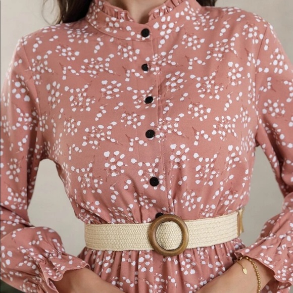 Allover print flounce sleeve shirt dress w/o belt - Picture 3 of 6